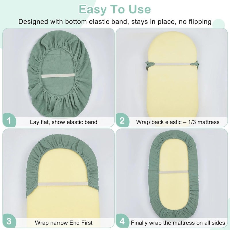 Basumee Muslin Bassinet Sheets for Baby Girl Boy 2 Pack Soft Breathable Baby Bedside Bassinet Fitted Sheets with Bottom Elastic Band 33''x17''x4'' Mattress Cover for Rectangle Oval Hourglass Bassinets - Image 5